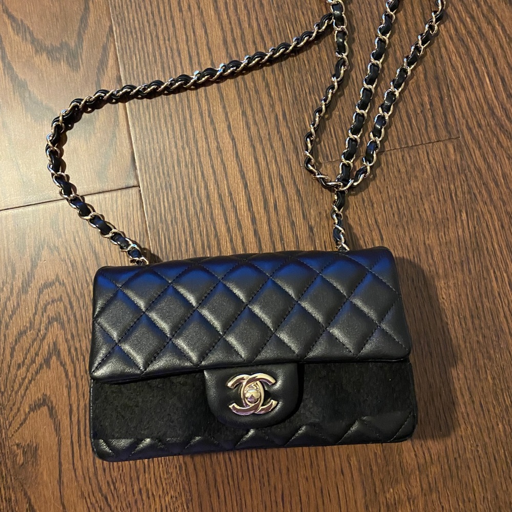 Chanel mini rectangular flap lambskin gold tone metal black color